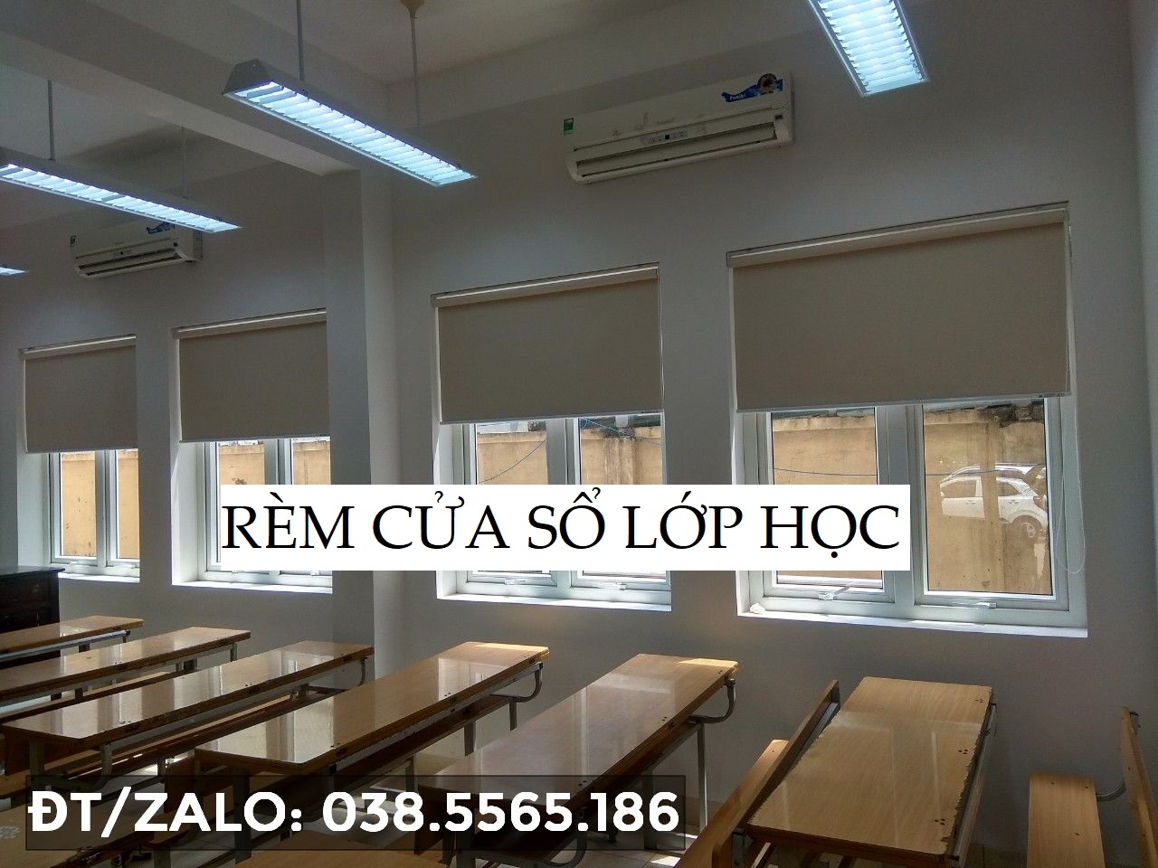 Rèm giá rẻ che nắng cửa sổ lớp học, tấm rèm cuốn trơn